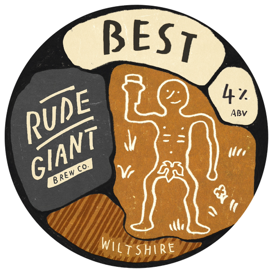 Round label for Rude Giant Brew Co. with a stylized figure holding a beer, text, and branding elements.